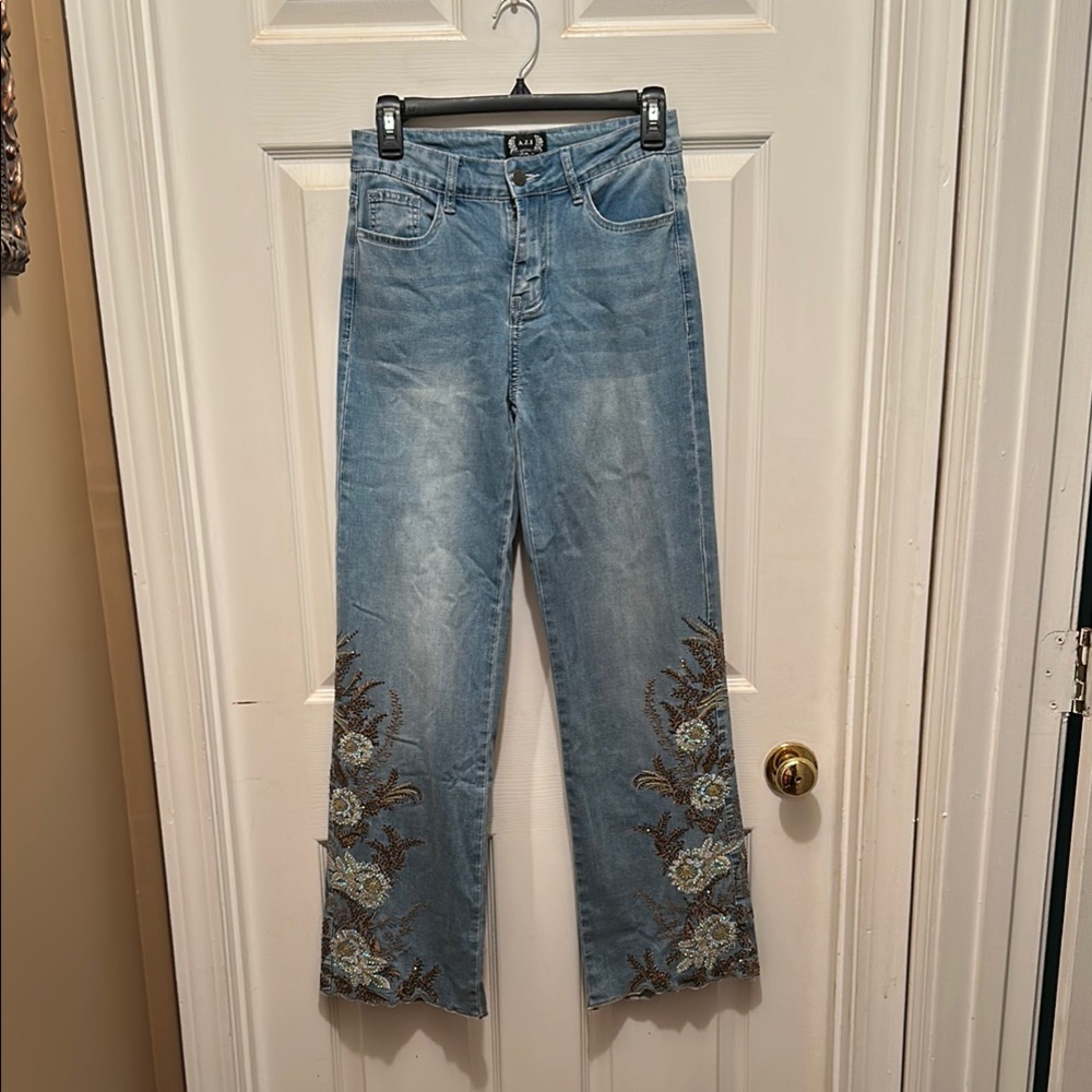 A.Z.I Embroidered Blue Straight Leg Jeans - size 2.